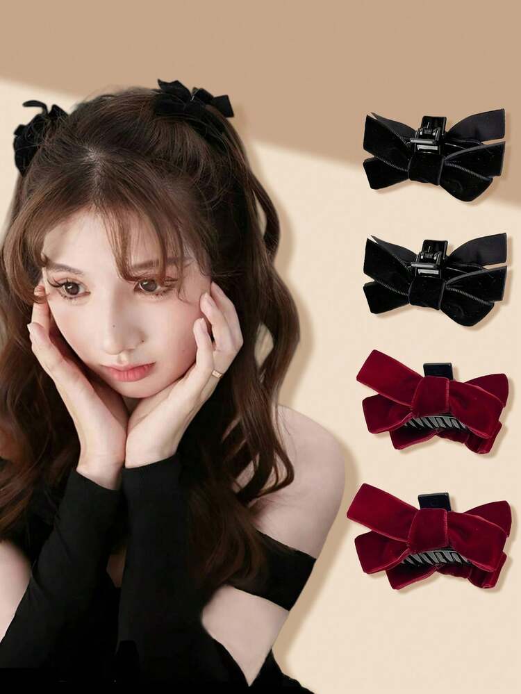 2pcs Elegant Women Velvet Bow Hair Clips, Small Size Suitable For Bangs, Side Parts, Princess Hairstyles, Bohemian Decor Hair Claws Claw Clips Hair Jaw Clip Hair Clamps Hair Clutch Hair Catcher Clip, Black Hair Accessories Fall Winter For Vacation Outfits Woman - Black - View 6