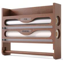 1pc Bamboo Plastic Wrap Dispenser, Aluminum Foil Dispenser With Paper Towel Holder, Plastic Wrap Organizer, Suitable For Kitchen-Back To School