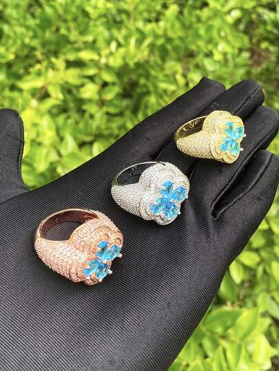 DUBSS 1 Piece Iced Out Flower Ring For Men Prong Setting Gold Plated Cubic Zirconia 5A Hip Hop Jewelry