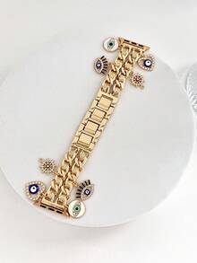1 pieza Correa de reloj de metal de moda con doble cadena y colgante de ojo malvado, estilo para mujer, compatible con Apple Watch Series 11/10/9/8/7/SE/6/5/4 Ultra1/2/3, tamaño: 38/40/41/42/44/45/46/49mm, correa de reloj inteligente, se puede usar como pulsera o brazalete, regalo perfecto para novia, adecuado para Año Nuevo, Navidad, cumpleaños y otras ocasiones. - Dorado - Ver 4