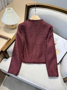 GMFP 女士春夏休闲优雅时尚宽松亮片装饰复古质感金属单排扣圆领红色短款粗花呢外套，适合音乐节/婚礼季穿着 - 紅色 - 查看 2