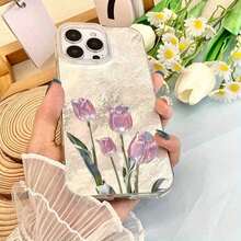Pink Tulips Delicate Floral Bouquet Spring Blossoms Elegant Glacier Texture TPU Phone Case For IPhone X/11/12/13/14/15/16/17 Series, Durable Scratch-Resistant Cover With Comfort Grip - Stylish Gift For Women, Perfect Birthday Present For Her & Friends - 銀色 - 查看 3