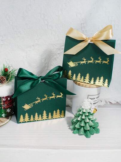 5/10pcs Christmas Gift Box With Gold Foil Reindeer Sleigh And Tree Design, Green Paper Favor Box With Satin Ribbon, Elegant Holiday Party Candy Packaging, Xmas Wrapping For Treats, Cookies, Small Gifts, Decorative Present Box For Christmas Eve Party Supplies