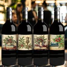 12pcs Vintage Christmas Berry Wine Bottle Label Stickers, Christmas Party Decorations, Xmas Gift Wrapping Labels, Festive Bottle Decals For Christmas And New Year Celebrations