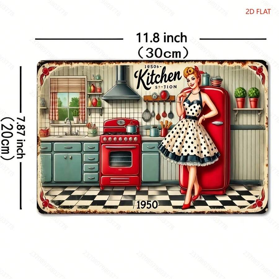 2D Flat, Retro 1950s Kitchen Metal Sign - Retro Wall Art, Mid-Modern Design, Bars, Cafes, Beach Houses And Farmhouse Decorations - 8x 12inch , Kitchen Decor 2D Flat, Room Decorations Halloween Decorations - 彩色 - 查看 1