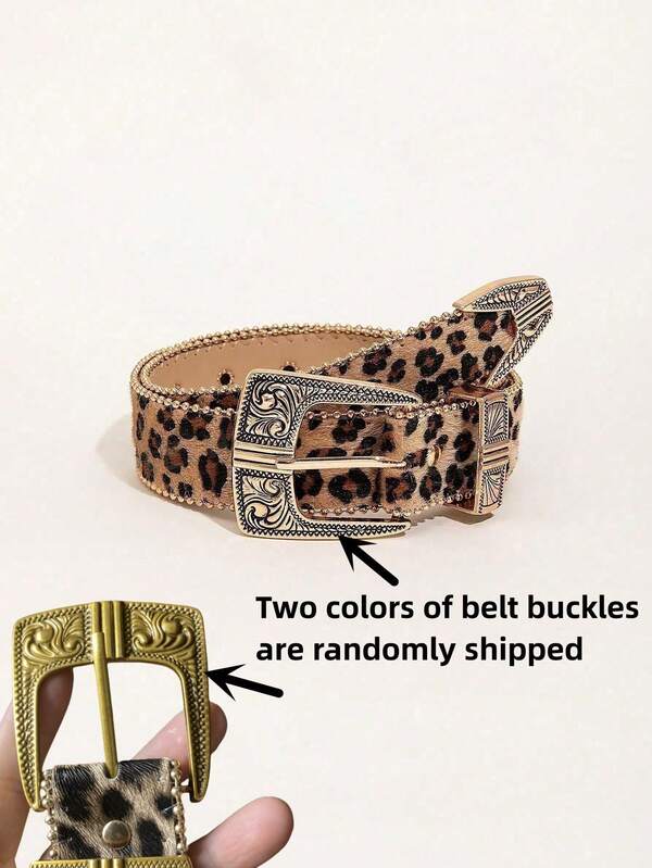 1 pieza Cinturón de mujer con estampado de leopardo y flores talladas al estilo occidental, cinturón retro americano elegante con diseño de flores talladas en metal, adecuado para vestidos y jeans