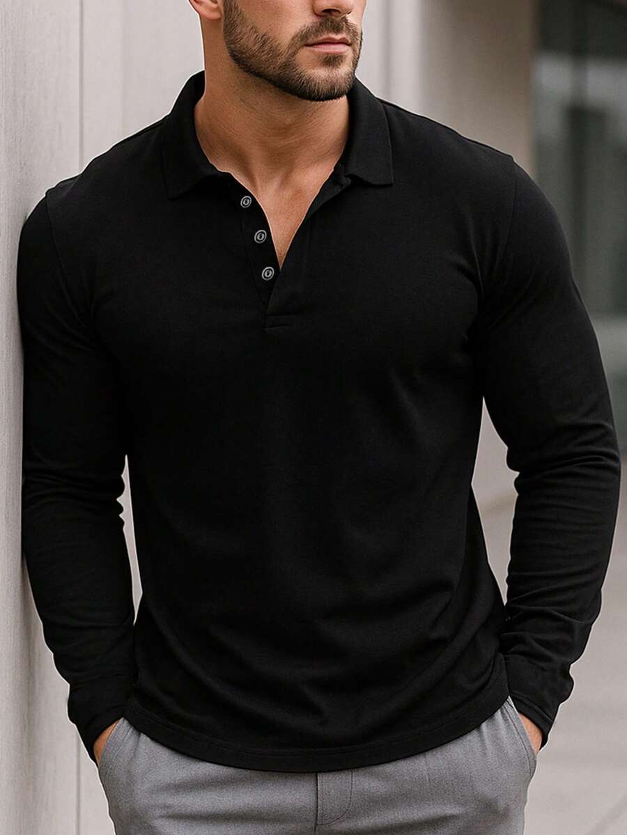 男士纯色长袖Polo衫，休闲时尚，适合日常穿着，高品质面料，专为运动设计，情人节礼物，斋月礼物，适合春夏季节穿着。