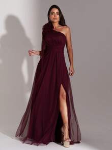LONG WEDDING PARTY DRESS FOR GODMOTHER IN TULLE WITH FLOWER ON THE SHOULDER - MARSALA - View 1