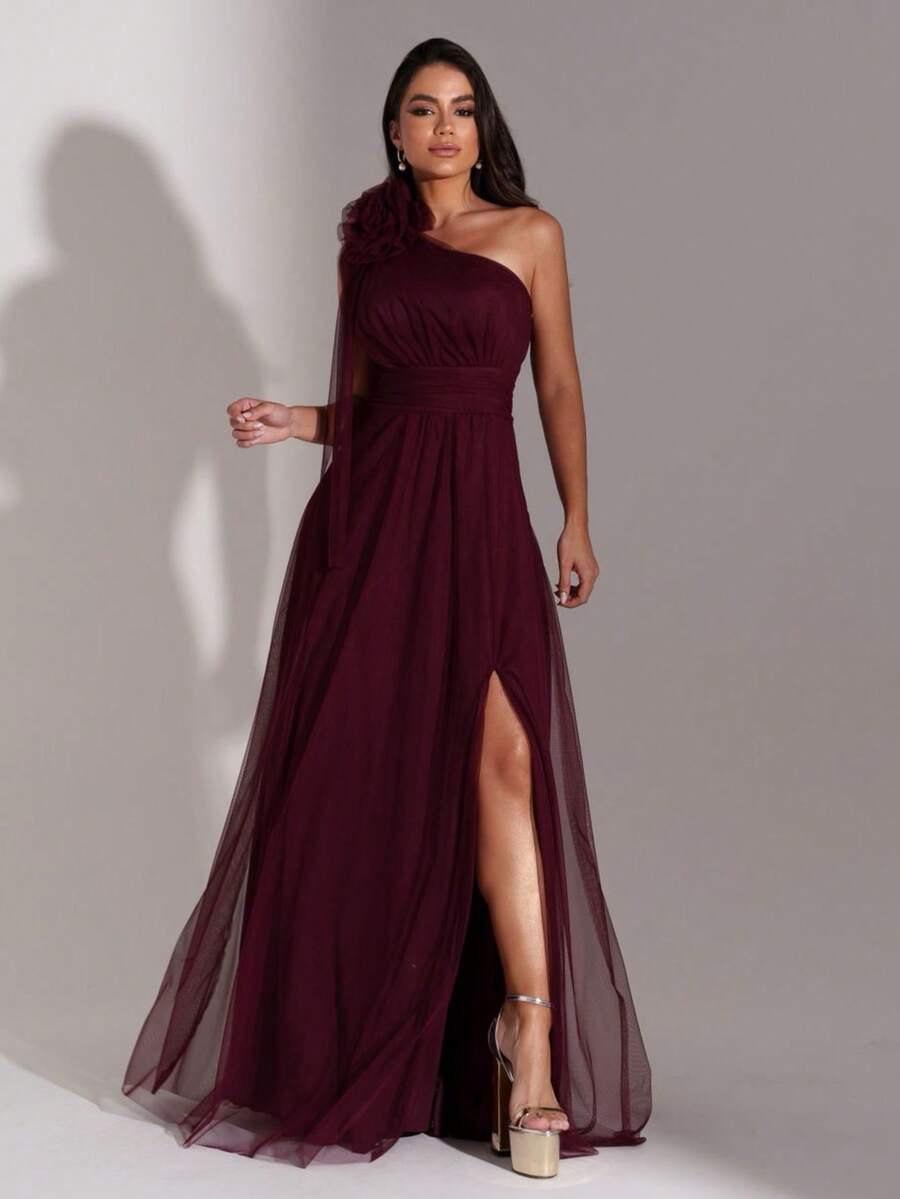 LONG WEDDING PARTY DRESS FOR GODMOTHER IN TULLE WITH FLOWER ON THE SHOULDER - MARSALA - View 1