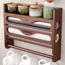 1pc Bamboo Plastic Wrap Dispenser, Aluminum Foil Dispenser With Paper Towel Holder, Plastic Wrap Organizer, Suitable For Kitchen-Back To School