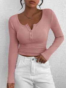 Women's Autumn Long-Sleeved Henry Shirt T-Shirt Button Ribbed Knit Fashion Tight Basic Top Shirt - Xám hồng - Xem 5