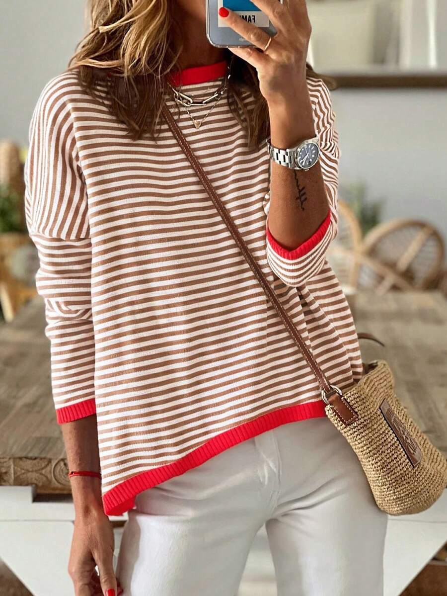 Acelitt Winter Halloween Color Blocking Striped Loose Off Shoulder Casual Round Neck Long Sleeved Sweater