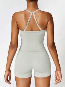 2 PCS Set Women's Sports Suit Vest Fitness Suit Tight Running Vest And Shorts Set High Stretch Fitness Yoga Top Tank Home Casual Comfortable Skin Friendly Suit - 灰色 - 查看 4