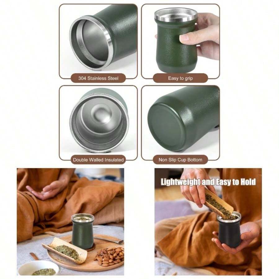 Yerba Mate Cup 5 Oz, Yerba Mate Gourd And Bombilla Straw Set, Stainless Steel Double Wall Vacuum Insulated Tea Cup Dark Blue