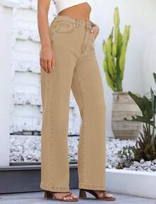 Jeans High Waisted Straight Leg Loose Jeanshalloween - 卡其色 - 查看 3