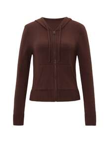 Sunny Girly Christmas Fall Winter Clothes For Women Back To School Y2K Casual Street Commuter Solid Color Zippered Side Pocket Design Hooded Brown Sweater Cardigan Coat