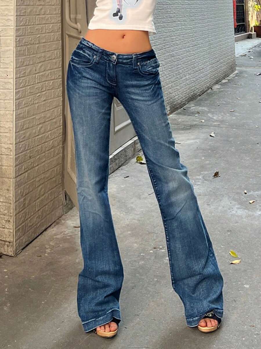 Valentine's Day Women's Flare Jeans Y2K 90s Bootcut Mid Rise Vintage Pants Denim Pants Bell Bottoms Spring Clothes - 深色水洗藍 - 查看 1