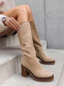 Suede Material, Chunky Heel, Notched Sole - Khaki - View 2