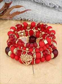4 Pieces/Set Girls Bohemian Multi-Layer Elastic Crystal Love Tassel Simple Versatile Mother's Day Gift Bracelet