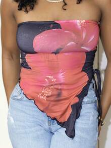 Steph T Damen Lässig Blumen Asymmetrischer Saum Figurbetontes Röhrentop, geeignet für Sommer, Urlaub, elegant, Hibiskus-Muster, Hawaii-Muster, Sommerurlaub, Kokosmädchen, Mädchenausflug, Musikfestival geeignet für Ausgehen - Verschiedenfarbig - Übersicht 6