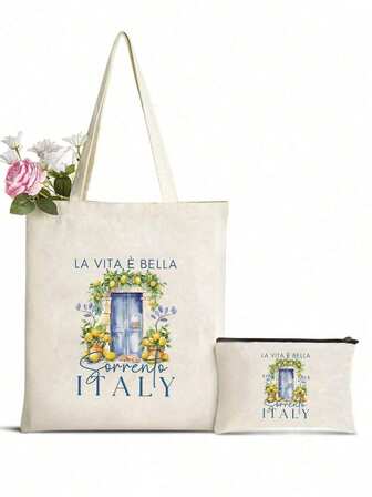 Positano Sorrento Amalfikusten citrontryck handväska och kosmetikaväska, lätt och hållbar, återanvändbar shoppingväska med design av färsk citron och gröna blad, vardags-/strandväska | sommarväska | slitstark handtagsväska, lätt resekosmetikaväska, pennväska, unisex necessär och strandväska, stor kapacitet,