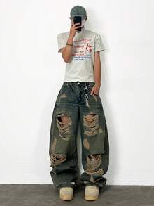 1pc Vintage Distressed High Street Loose Fit Wide Leg Jeans, Fashionable & Versatile (Product Does Not Include Belt Or Accessories) - Bronze - View 7