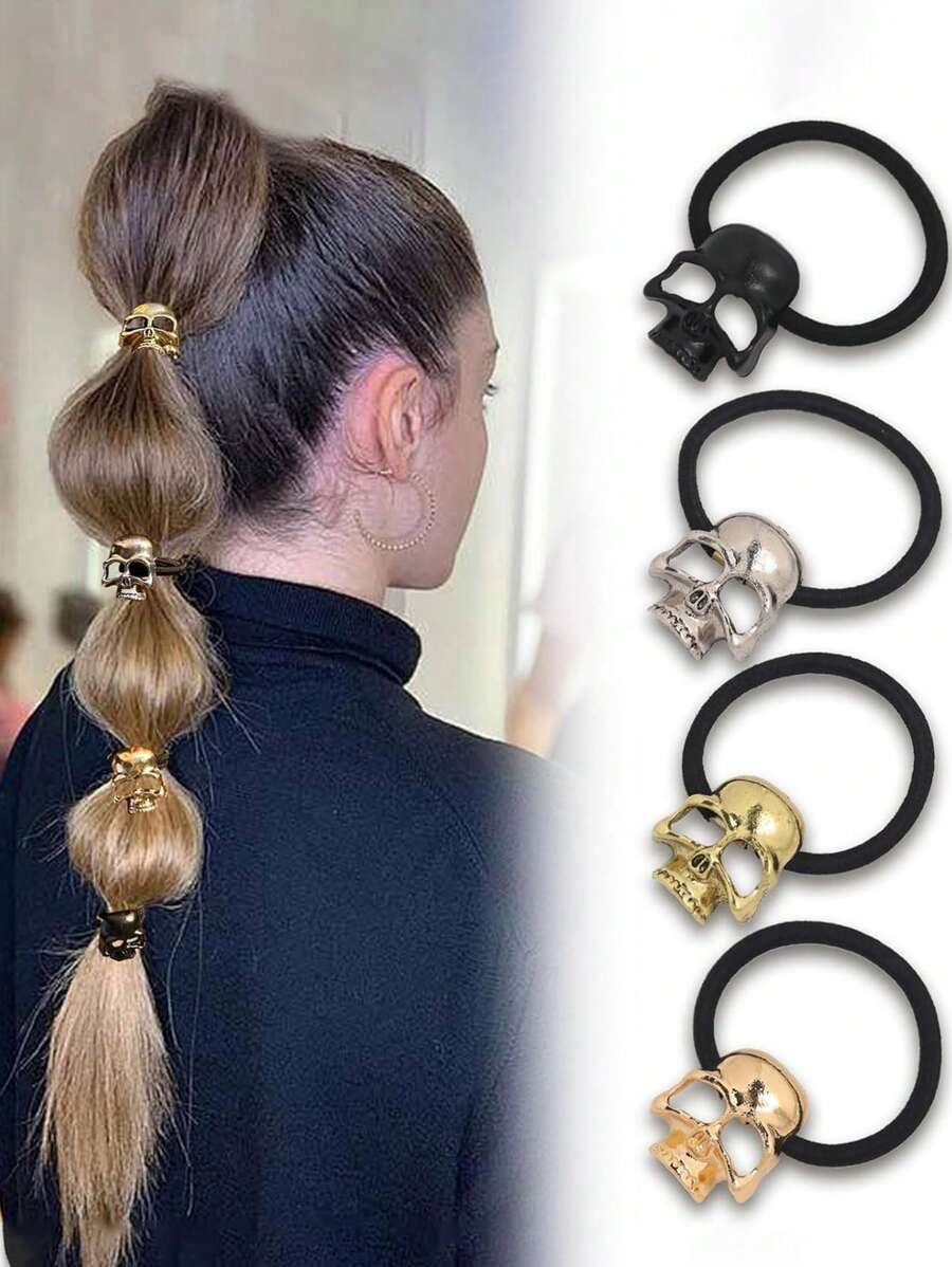 1pc Gothic Skull Metal Hair Tie, Elegant Design, Suitable For Halloween Cosplay And Party, Gift, Ponytail Holders, Hair Elastics, Hair Rubber Bands, Scrunchies, Elastic Hair Tie, Autumn Outfits