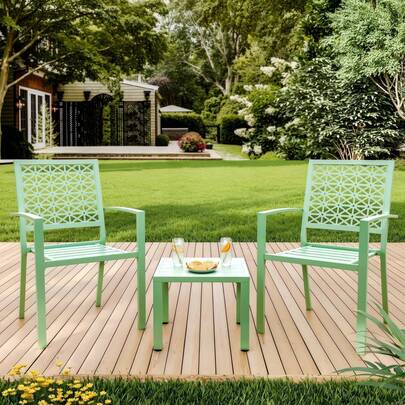 Juego de Bistro Exterior de 3 Piezas - Muebles de Patio Verdes con 1 Mesa y 2 Sillas, Set Compacto para Balcón, Porche y Jardín