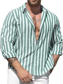 Men's Striped Long-Sleeved Shirt With Color Block Stitching, Suitable For Spring And Autumn Seasons, For Daily Leisure In The Beach, Outdoors And Other Scenes, Is A Comfortable And Casual Gift Choice - 查看 6