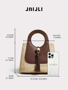 JNIJLI 1 件波西米亚风格流苏草编和 PU 皮革拼布手提包，复古法式编织包，适用于日常通勤、商务、休闲、旅行、海滩婚礼、野餐、节日，是送给女性、母亲、教师、朋友、伴娘的最佳礼物 - 咖啡棕 - 查看 7