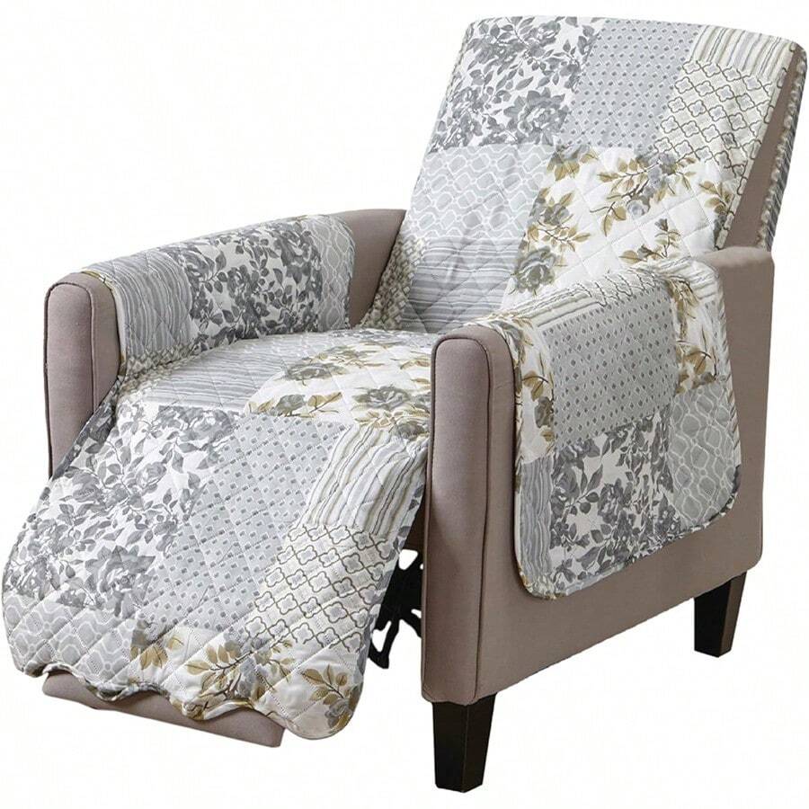 Patchwork Scalloped Printed Furniture Protector Stain Resistant Recliner Cover Recliner Grey - 拼布灰色 - 查看 1