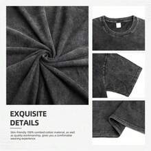 Camiseta de manga corta de algodón lavado con estampado de , estilo urbano streetwear para hombres y mujeres - Negro - Ver 4