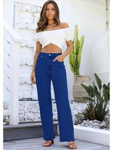 Jeans High Waisted Straight Leg Loose Jeanshalloween - langit biru - View 8