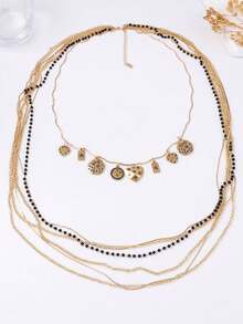1pc Fashionable Luxury Design Multi-Layer Beaded Chain Geometric Pattern Pendant Necklace For Women