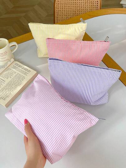 Cute Stripe Pattern Makeup Handbag Large Capacity Cosmetics Storage Bag Macaron Colored Stripe Pencil Case Portable Handheld Makeup Storage Bag Cute Travel Toiletry Bag Lovely Home Items Organizer Bag Soft Fabric Travel Cosmetics Bag Seersucker Makeup Brushes Organizer Bag Multi-Functional Items Storage Bag With Zipper Children's Makeup Clutch Pouch Lightweight Toiletries Organizer Bag