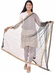 Woman's Embellished Net Dupatta Scarf Shawl Wrap Soft Bridal Wedding - 黑色 - 查看 2