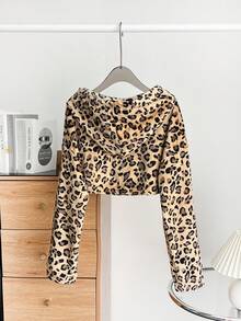 冬季女式豹纹长袖短款毛绒连帽夹克，万圣节服装，动物印花，外套