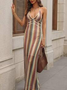 Women's Colorful Patchwork Deep V-Neck Strapless Bodycon Dress, Summer Vacation Beach Robe - Multicolor - View 4