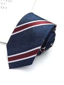 1pc Navy & Coffee Striped Handmade Unisex Necktie, Suitable For Business, Party, Casual Wear