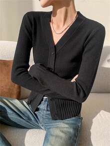 V领设计，细扣环，长袖，罗纹针织开衫，女士秋冬/返校季必备 - 黑色 - 查看 5