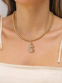 1Pc Women's Stainless Steel Bead Chain With A Diamond Studded Three-Dimensional Initials Pendant, Simple And Elegant In Style, Suitable For Wearing At Parties Or Banquets, 18k Genuine Gold Electroplated Bead Chain
