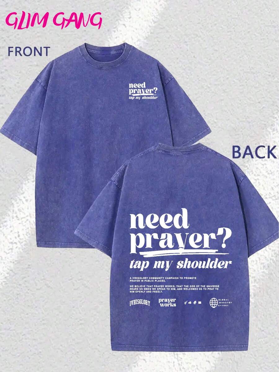Jesus Pure Cotton T - Shirt Need Prayer? Tap My Shoulder IVVISGLORY Graphic TEE, Double - Sided Printing. Christmas Men's Summer Crew - Neck T - Shirt, Washed, 100% Pure Cotton, 230g, 1 Piece. Men's Top, A Gift For Family And Friends - 藍色 - 查看 1