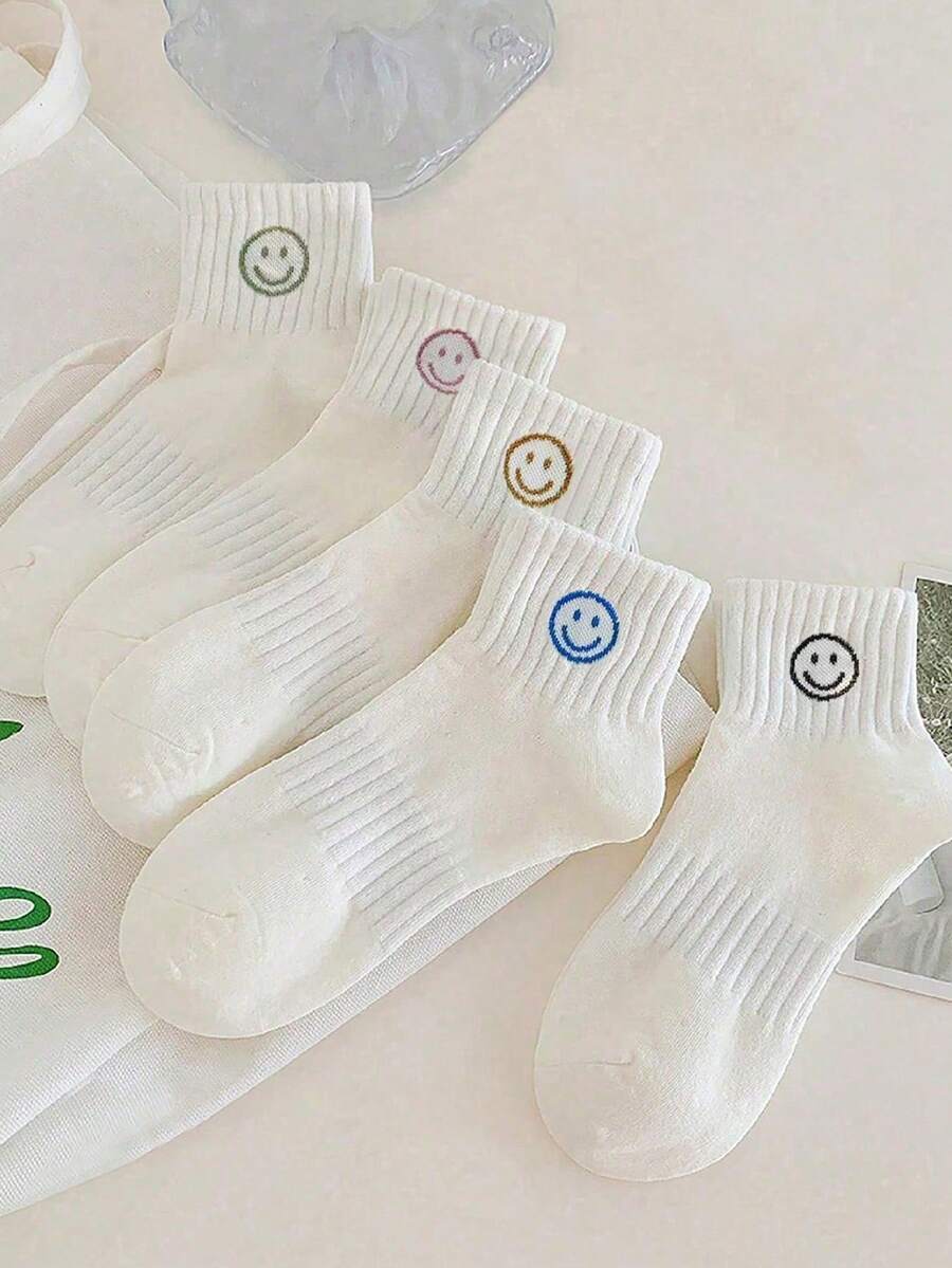 5双装儿童纯色笑脸弹力中筒袜 - 白色 - 查看 1