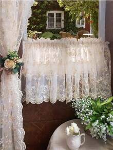 1pc Rod Pocket Lace Semi-Sheer Curtain Panel With Embroidery, Divider Curtain For Doorway, No Drilling Required - Multicolor - View 1