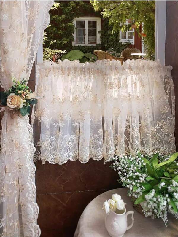 1pc Rod Pocket Lace Semi-Sheer Curtain Panel With Embroidery, Divider Curtain For Doorway, No Drilling Required