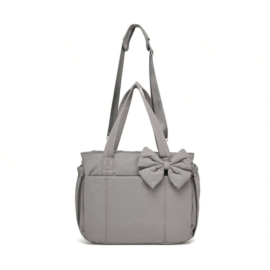 Fashionable Bow Decoration Large Capacity Tote Bag, Available In Multiple Colors, Lightweight Waterproof Fabric+Durable Handle, Multi-Layer Partition Storage (Suitable For Yoga Mats/Laptops/Daily Small Items), Shoulder And Back Carrying Dual-Use, Suitable For Commuting/Outdoor Fitness/Street Fashion/Travel And Other Scenarios, Practical Aesthetic Bag - Trà xám nâu - Xem 1
