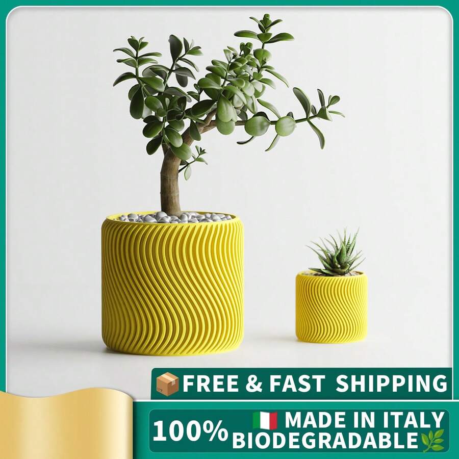 ORIZZONTE Modern Decorative Vase With Spiral Wave Texture – Creative Design For Plants, Cactus, Bonsai – Home/Office Gift Idea – Available In 2 Sizes – 100% Made In Italy, Shipping From Italy - Màu vàng - Xem 1