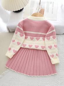 Young Girls Fall Cute Love Long Sleeves Sweater Pullover And Knitted Pleated Skirt Two Pieces Winter Casual Wear
