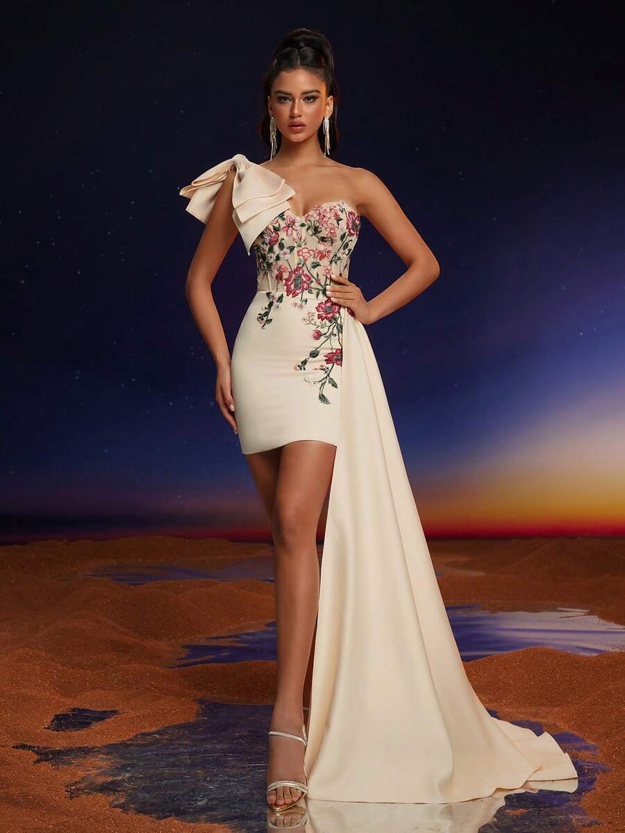 Elisanya 花卉贴花蝴蝶结装饰单肩鸡尾酒会礼服 - 香檳色 - 查看 1