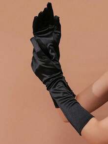 1 Pair Black Satin Stretch Charmeuse Women Sexy Gloves, Suitable For Evening Party, Wedding, Performance Outfit Matching